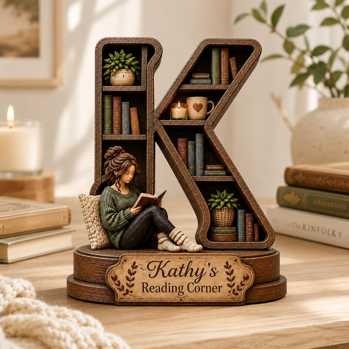 A brown, letter K-shaped bookshelf figurine featuring a person reading a book while sitting on a textured cushion. The shelves contain miniature books, potted plants, and a mug. A plaque on the base reads Kathy's Reading Corner.