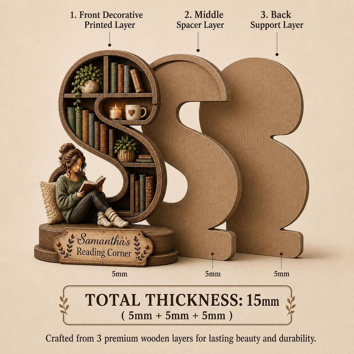A decorative S-shaped wooden bookshelf display featuring a person reading, with shelves holding books, a plant, and a mug. It consists of three 5mm layers for a 15mm total thickness. The base is labeled Samantha's Reading Corner.