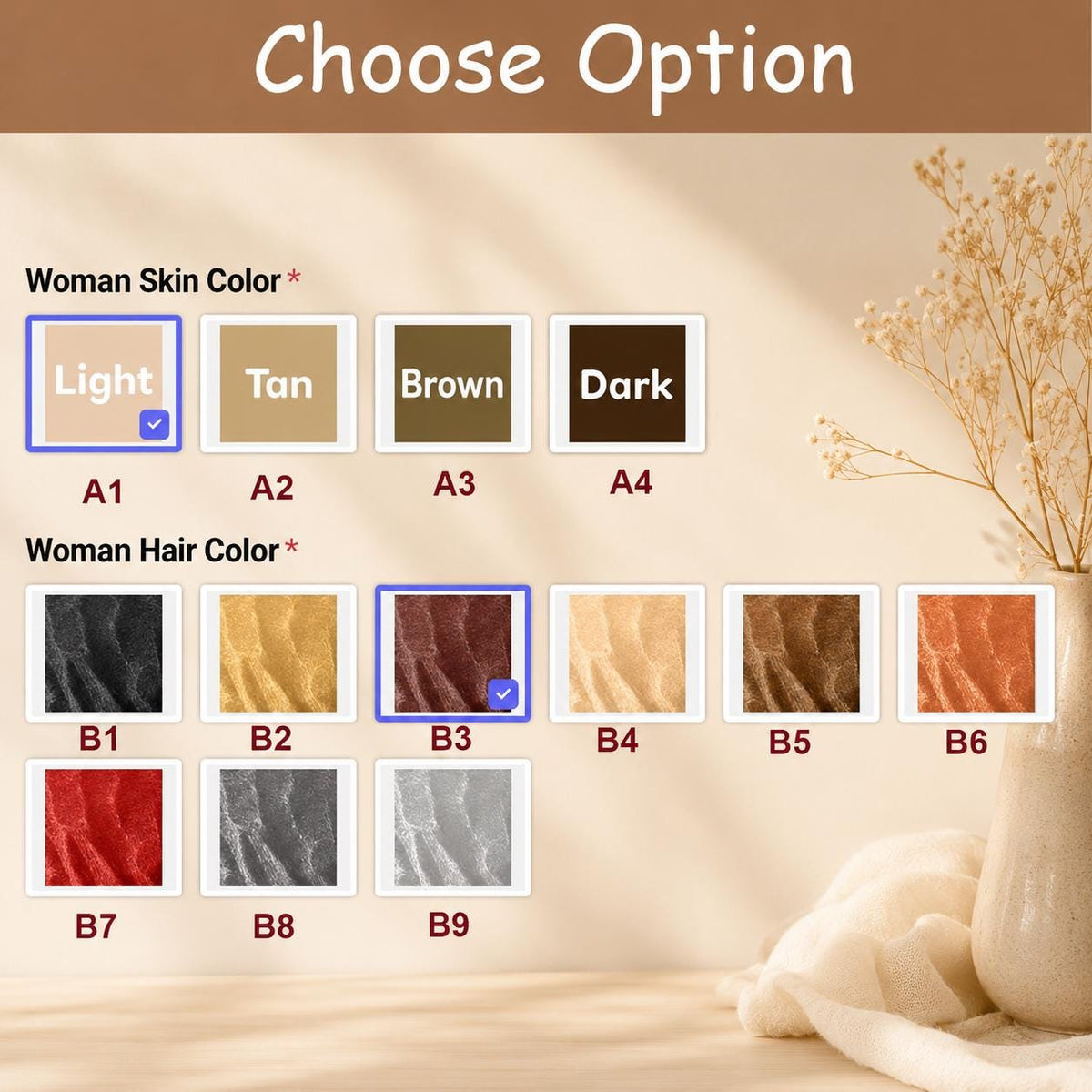 A customization chart titled Choose Option featuring two categories. Woman Skin Color displays four squares labeled A1 to A4 in light, tan, brown, and dark tones. Woman Hair Color shows nine squares labeled B1 to B9 in various colors.