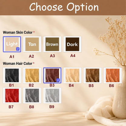A customization chart titled Choose Option featuring two categories. Woman Skin Color displays four squares labeled A1 to A4 in light, tan, brown, and dark tones. Woman Hair Color shows nine squares labeled B1 to B9 in various colors.