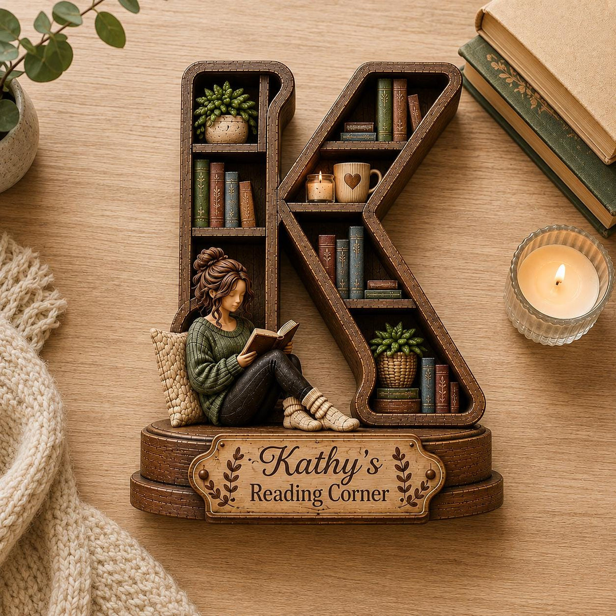 A wooden letter K-shaped bookshelf figurine featuring a miniature person reading a book, shelves with tiny books, a potted plant, and a mug. A plaque on the base reads Kathy's Reading Corner, decorated with leaf motifs and a brown finish.