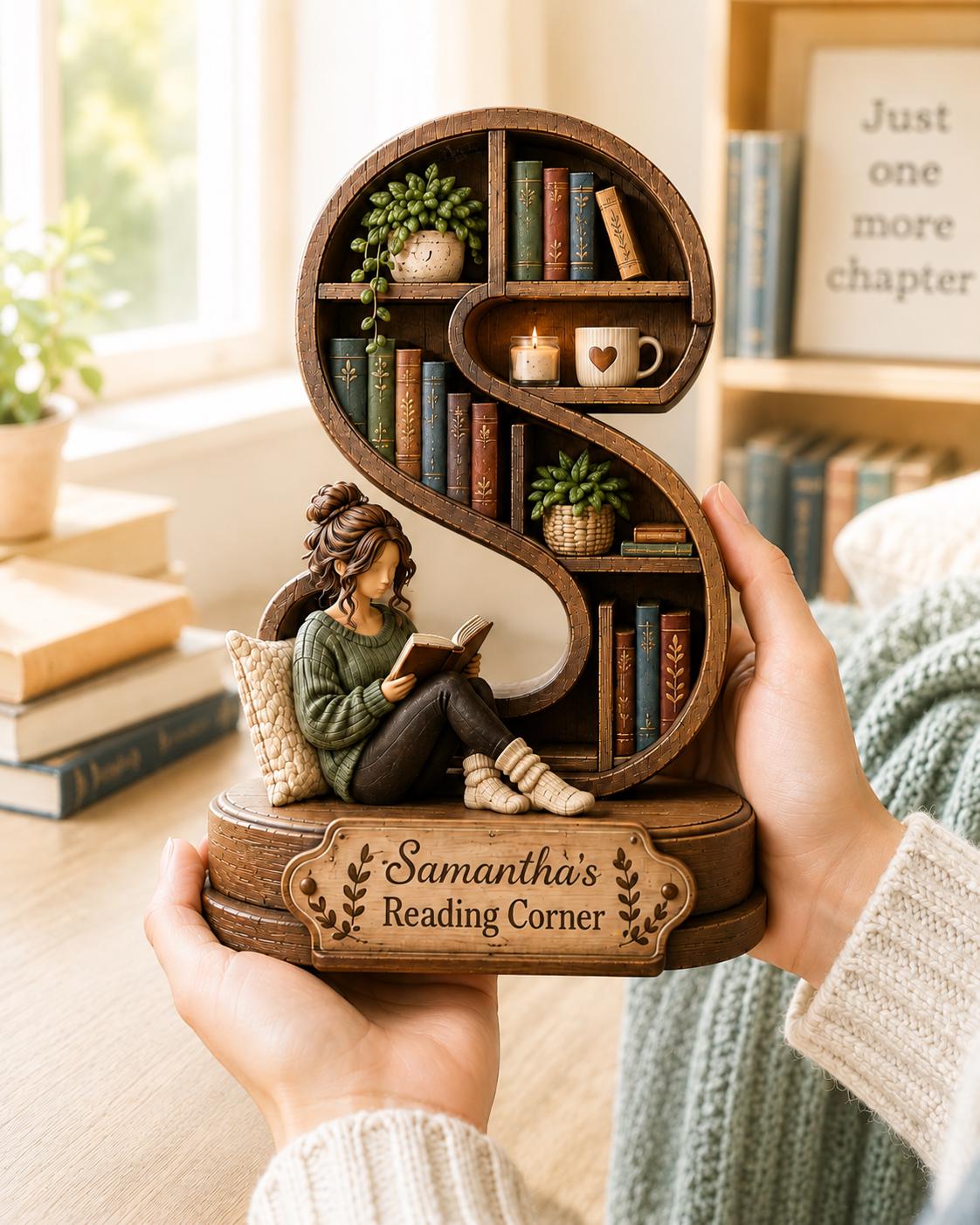 A wooden S-shaped bookshelf figurine featuring a miniature person in a green sweater reading a book. The shelves hold tiny books, potted plants, a candle, and a mug. A plaque on the base reads, "Samantha's Reading Corner" with leaf accents.