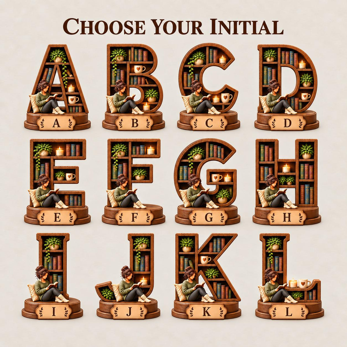 A collection of twelve wooden letter-shaped bookshelves labeled A through L. Each shelf features a miniature figure reading a book, potted plants, candles, and mugs. The text CHOOSE YOUR INITIAL is displayed at the top of the image.