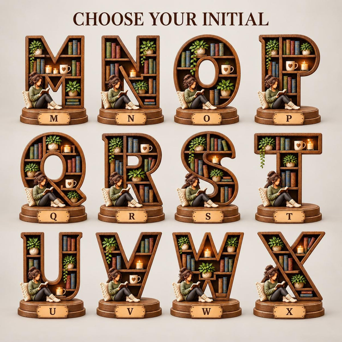A collection of wooden letter-shaped bookshelves labeled M through X. Each letter features miniature shelves with books, potted plants, a small mug, and a figure sitting and reading a book. Each base displays the corresponding letter.