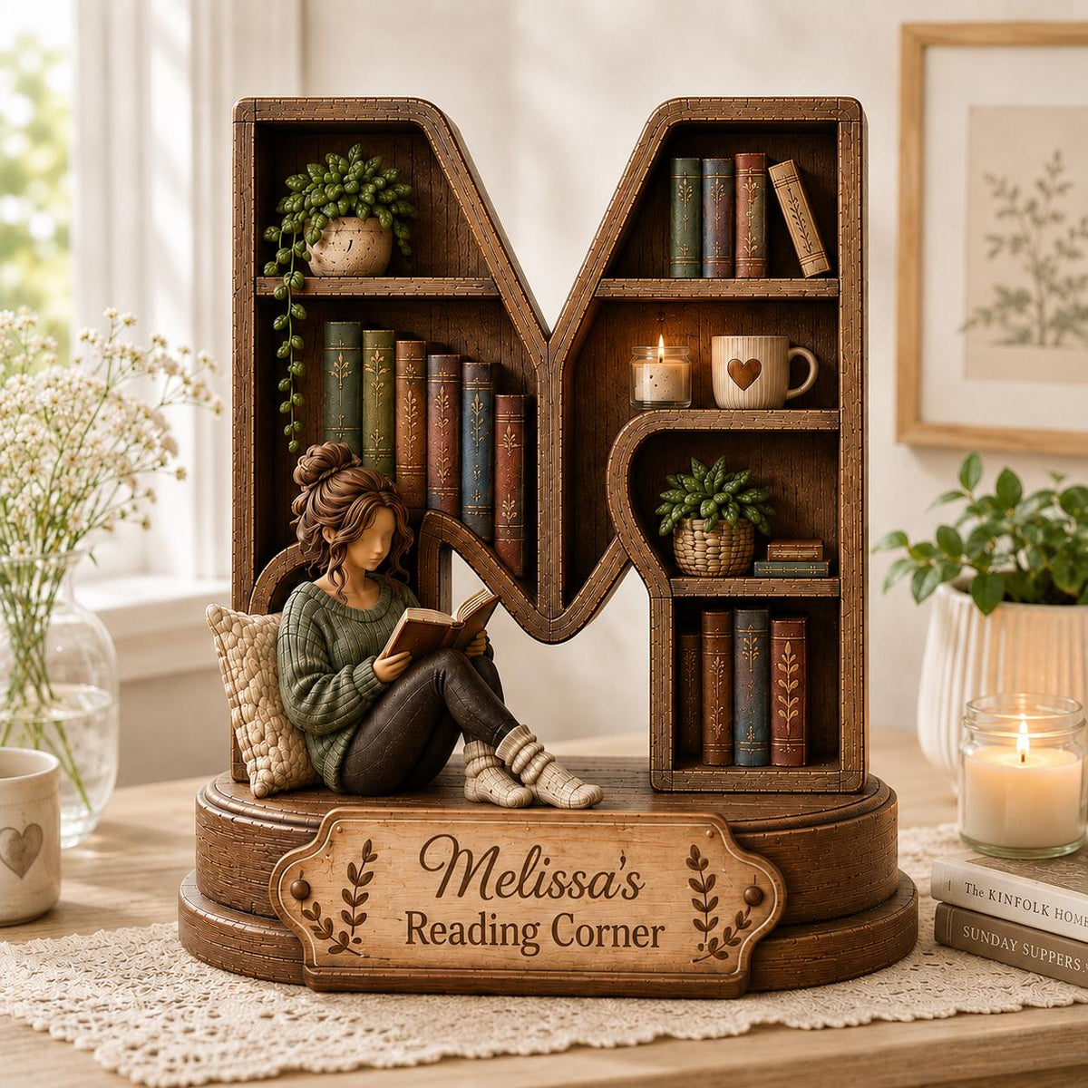 A wooden M-shaped bookshelf display featuring a miniature figurine of a person reading a book, shelves filled with tiny books, a potted plant, a candle, and a mug. A plaque on the base reads "Melissa's Reading Corner" with leaf accents.