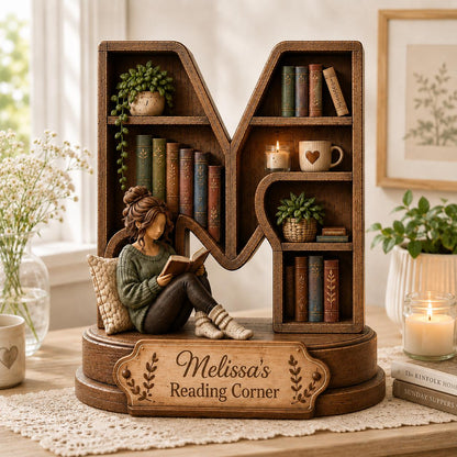 A wooden M-shaped bookshelf display featuring a miniature figurine of a person reading a book, shelves filled with tiny books, a potted plant, a candle, and a mug. A plaque on the base reads "Melissa's Reading Corner" with leaf accents.