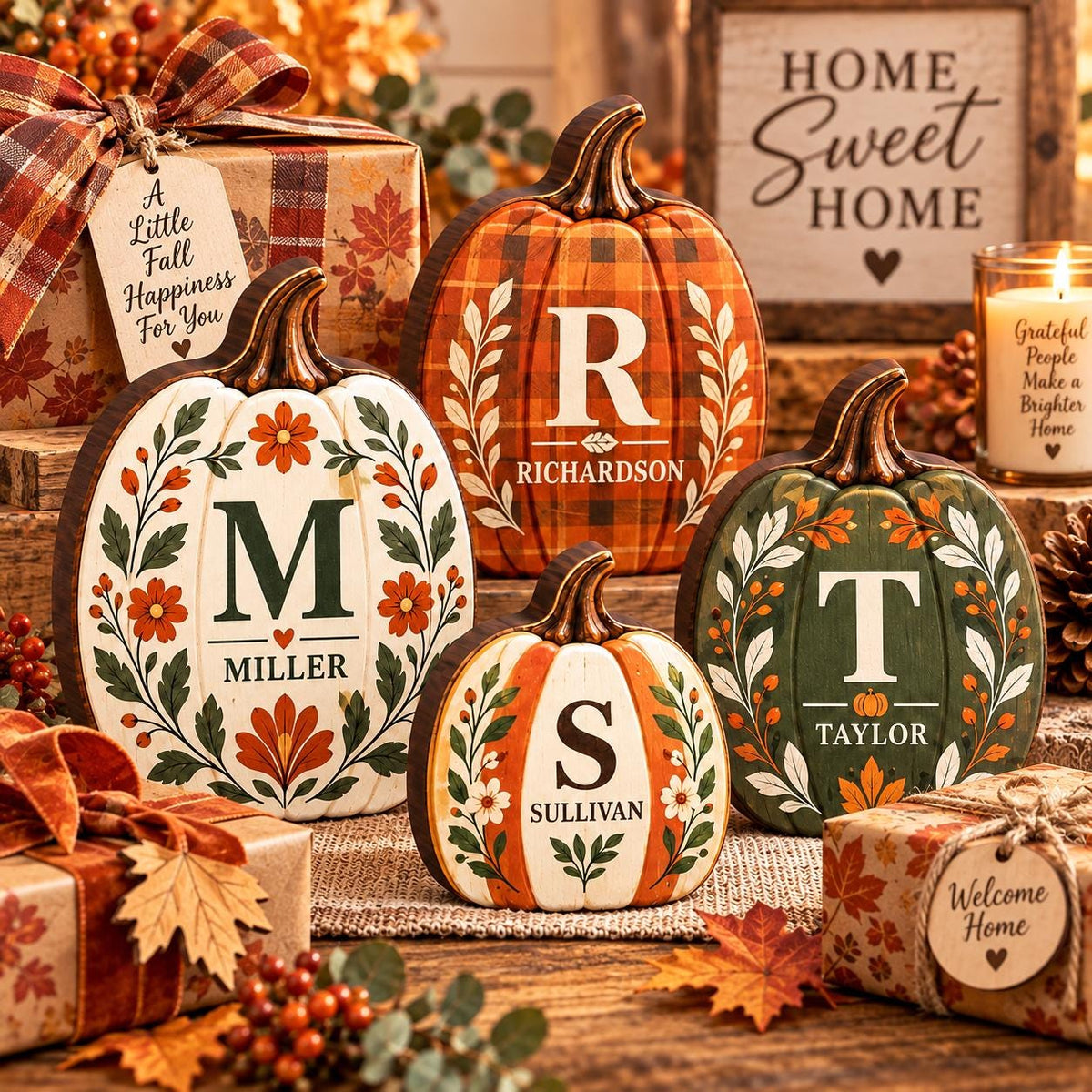 May include: Four decorative wooden pumpkins featuring personalized letters and names. One orange plaid pumpkin with R, a white pumpkin with M, a small orange and white pumpkin with S, and a green pumpkin with T. Each includes floral accents.