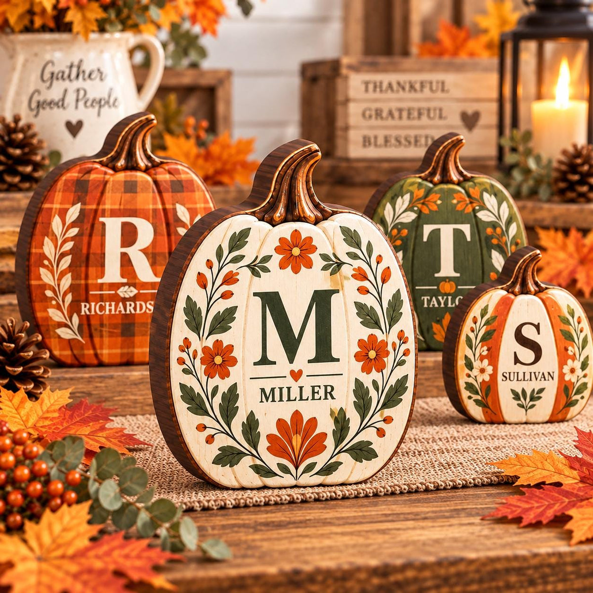 May include: Four wooden pumpkin-shaped decorations featuring personalized letters and names. The pumpkins display orange plaid, cream with floral patterns, green with leaf motifs, and orange stripes. Each piece is labeled with letters R, M, T, and S.