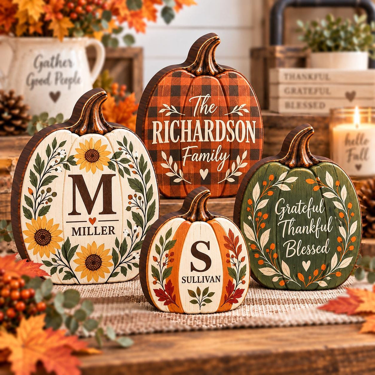 May include: Four decorative wooden pumpkins featuring autumn themes. One is white with sunflowers and the letter M, one is orange plaid with The Richardson Family text, one is small with the letter S, and one is green with Grateful Thankful Blessed text.
