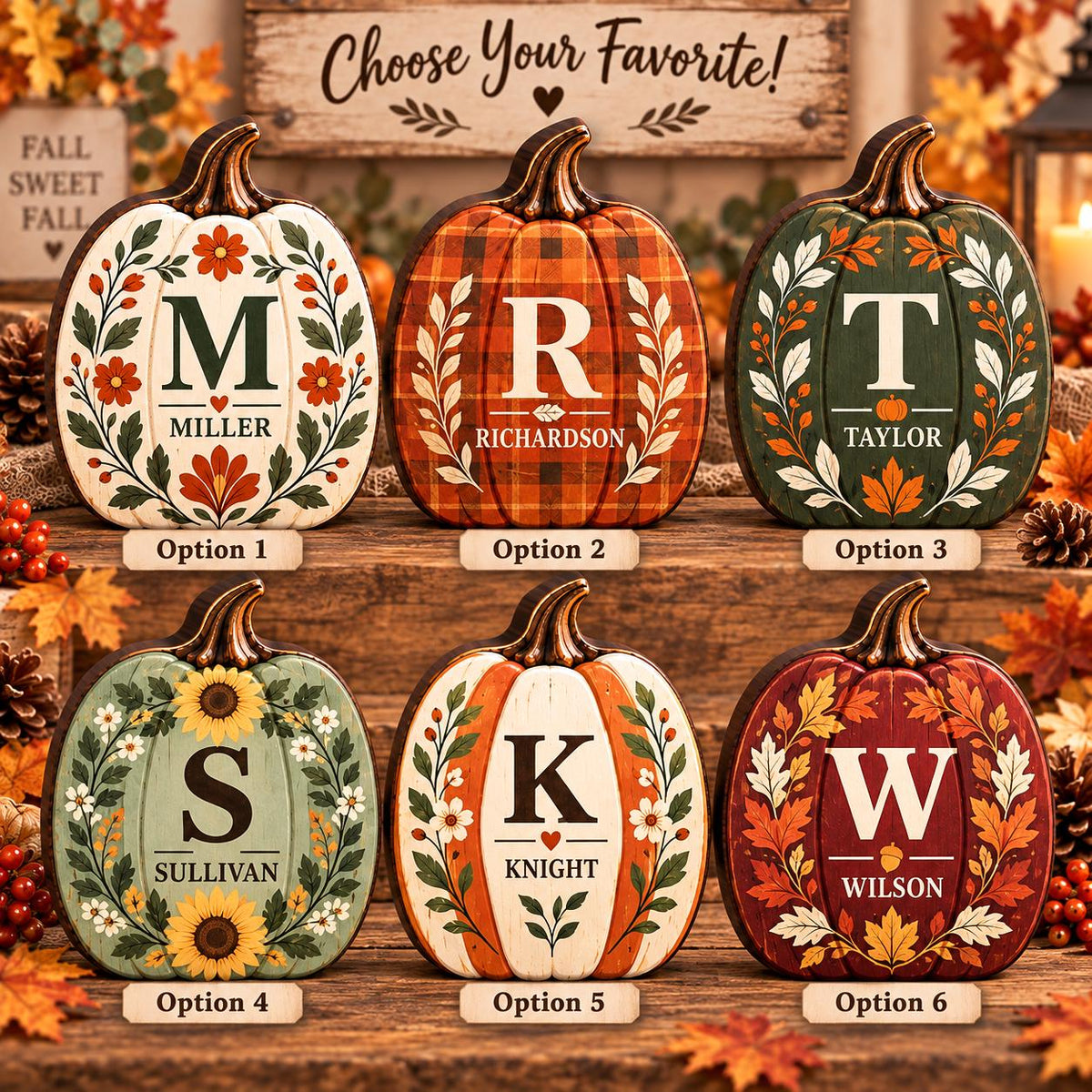 May include: Six decorative wooden pumpkin cutouts arranged in two rows. Each pumpkin features a unique seasonal design with a large central letter, a surname, and botanical accents. The designs include floral, plaid, and leaf patterns.