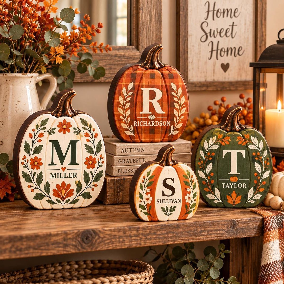 May include: Four decorative wooden pumpkins featuring personalized letters and names. The pumpkins are painted in white, orange plaid, and green, adorned with floral and leaf motifs. Each pumpkin displays a unique letter and surname: M Miller, R Richardson, S Sullivan, and T Taylor.