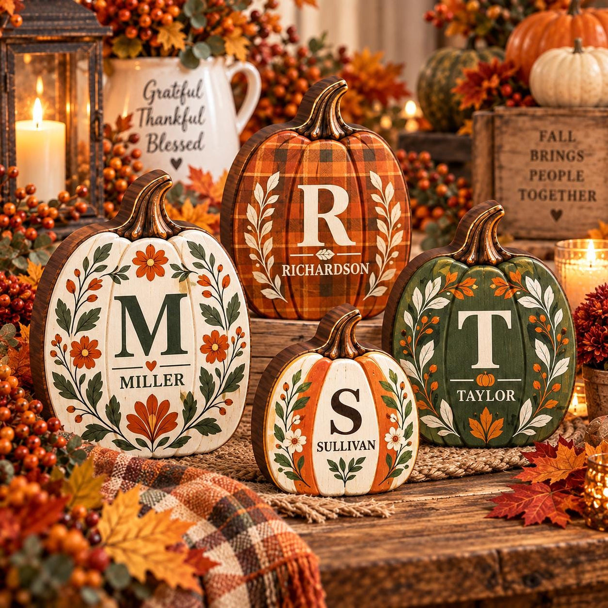 May include: Four decorative wooden pumpkins featuring personalized letters and family names. The pumpkins are painted in white, orange plaid, and green, each adorned with floral and leaf motifs. The letters M, R, S, and T are centered on each pumpkin.