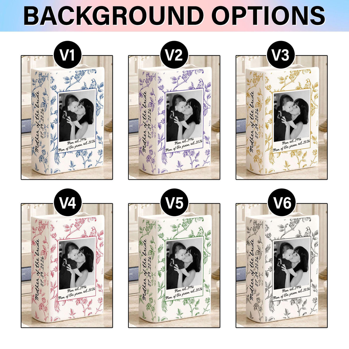 Six rectangular ceramic boxes with floral patterns in blue, purple, gold, pink, green, and black. Each box features a central black and white photograph of two people, with the text Mother of the bride and a date printed on the side.