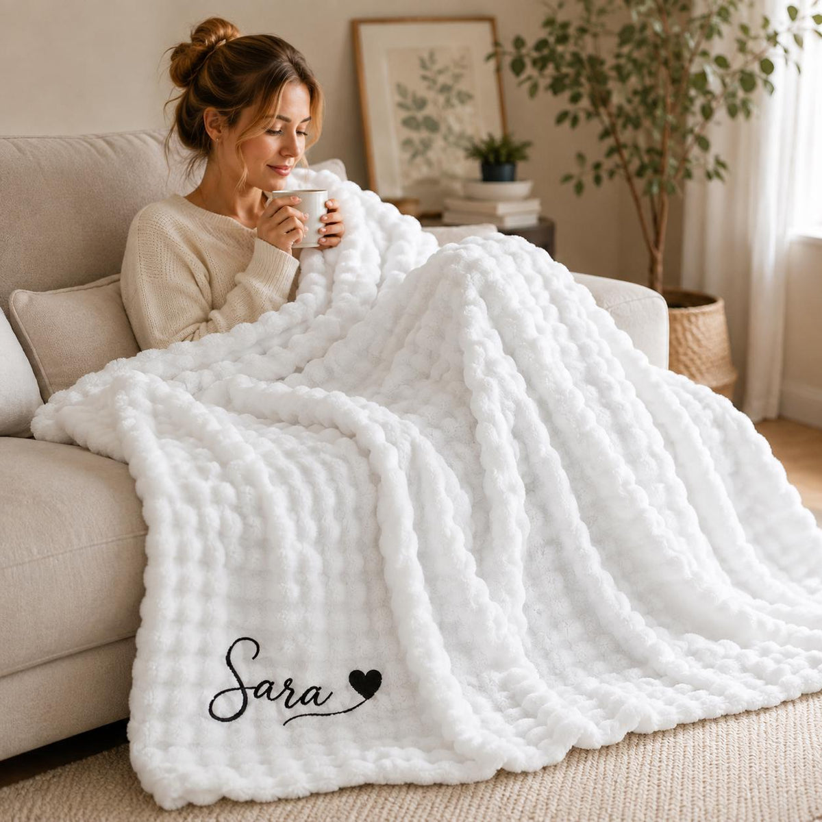A plush white textured throw blanket featuring a repeating bubble pattern. The bottom corner of the blanket is embroidered with the name Sara in a black cursive script, followed by a small solid black heart icon.