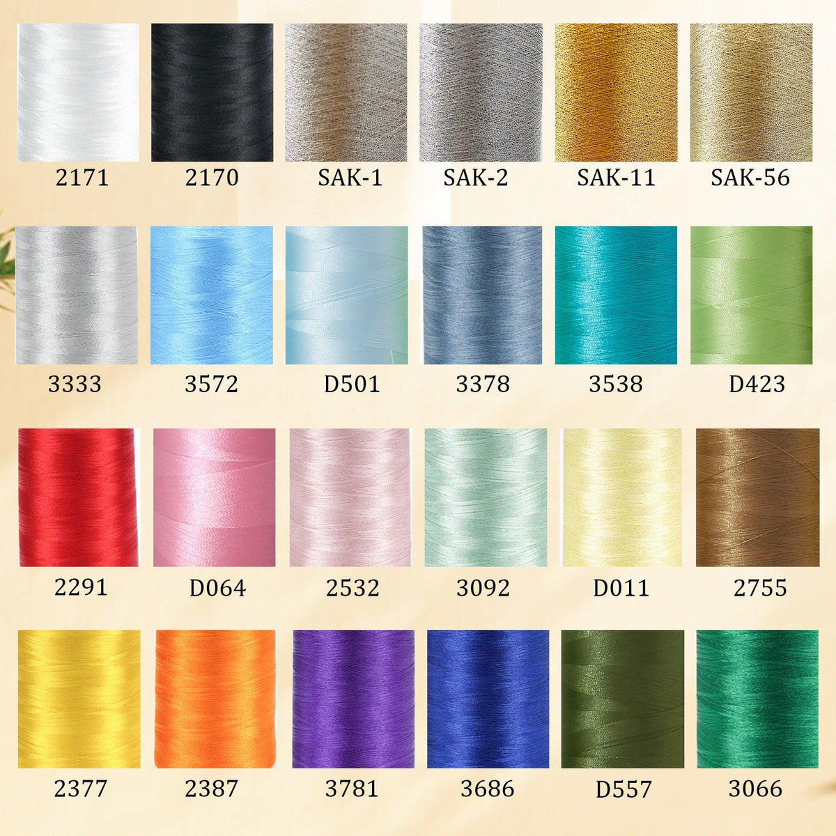 A grid of twenty-four spools of sewing thread in various colors, including white, black, gray, gold, blue, green, red, pink, yellow, orange, and purple. Each spool is labeled with a unique alphanumeric code printed below it.