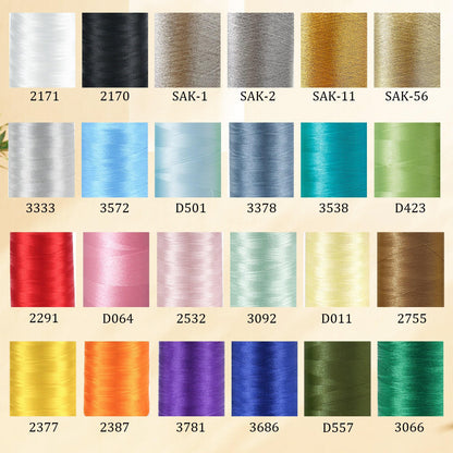 A grid of twenty-four spools of sewing thread in various colors, including white, black, gray, gold, blue, green, red, pink, yellow, orange, and purple. Each spool is labeled with a unique alphanumeric code printed below it.