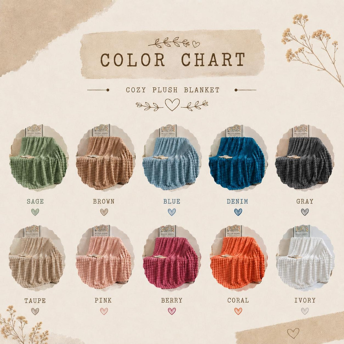 A color chart for a cozy plush blanket featuring ten circular swatches of blankets in sage, brown, blue, denim, gray, taupe, pink, berry, coral, and ivory. The text reads COLOR CHART and COZY PLUSH BLANKET with labels for each color.