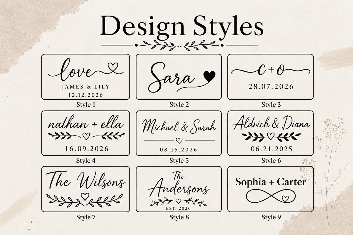 A rectangular chart titled Design Styles displaying nine distinct black text layouts on a light background. Each layout features names, dates, and decorative elements like hearts, leaves, and infinity symbols, labeled Style 1 through Style 9.