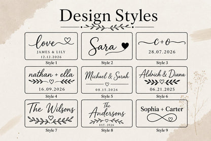 A rectangular chart titled Design Styles displaying nine distinct black text layouts on a light background. Each layout features names, dates, and decorative elements like hearts, leaves, and infinity symbols, labeled Style 1 through Style 9.