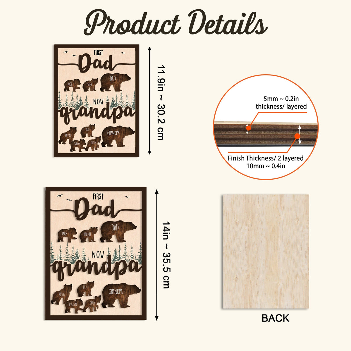 May include: Wooden sign with a layered wood finish. The sign features a brown bear silhouette with the text "First Dad Now Grandpa". The sign is 11.9 inches tall and 14 inches wide.