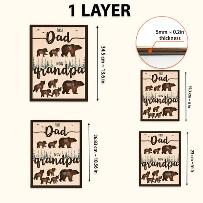 May include: A wooden sign with the text "First Dad Now Grandpa" and a silhouette of a bear family. The sign is available in two sizes: 13.6 inches by 10.56 inches and 6 inches by 9 inches. The sign is 0.2 inches thick.