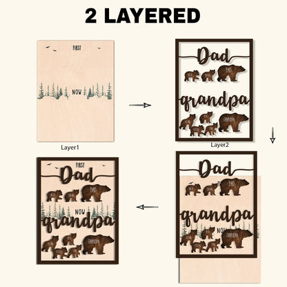 May include: Two-layered wooden sign with a brown wood background and black frame. The top layer features the text "Dad" and "grandpa" with bear silhouettes. The bottom layer features the text "First" and "Now" with bear silhouettes.
