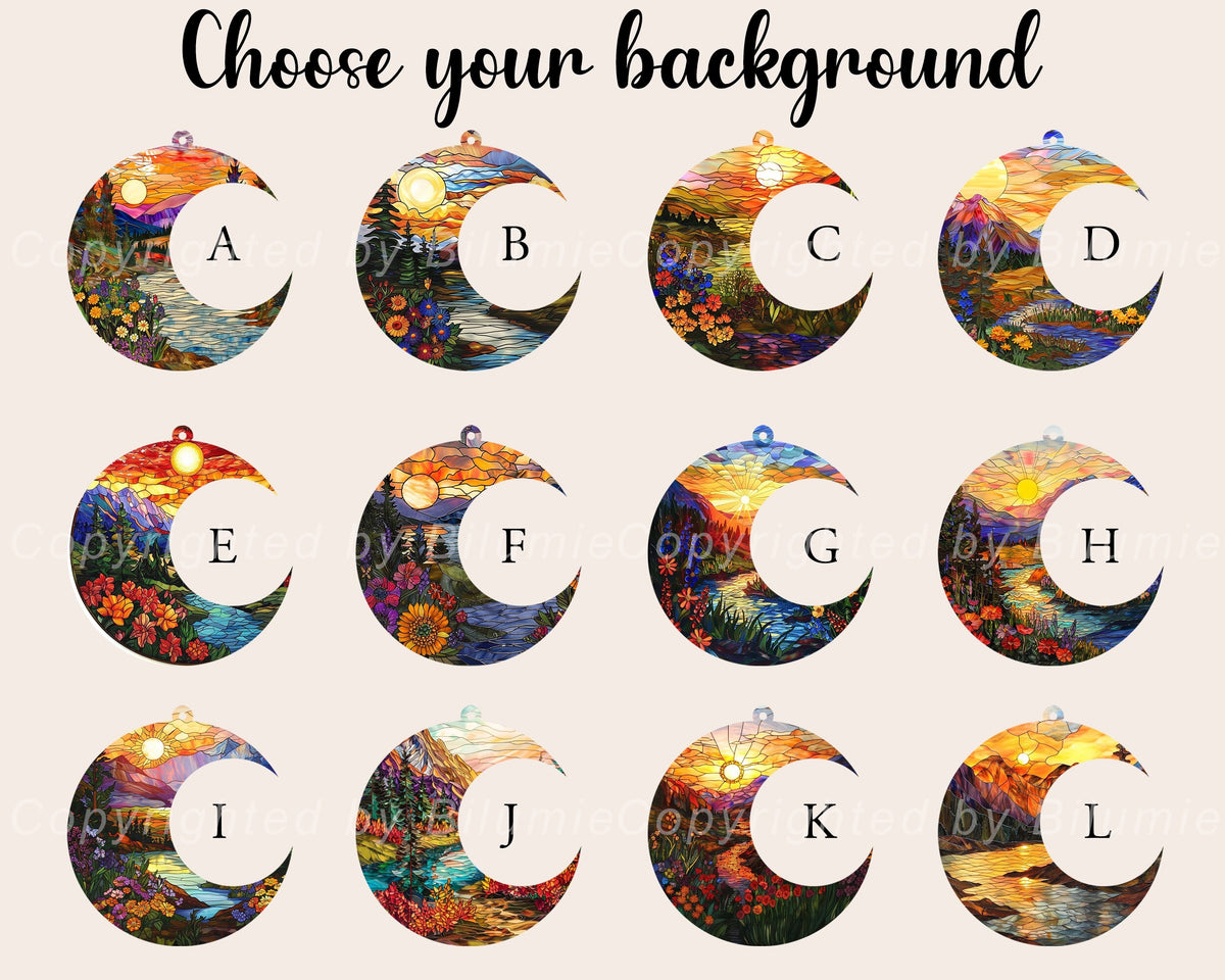 May include: Twelve different stained glass style moon designs with a sunset and mountain landscape. Each design is labeled with a letter from A to L.