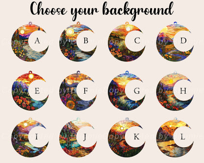 May include: Twelve different stained glass style moon designs with a sunset and mountain landscape. Each design is labeled with a letter from A to L.