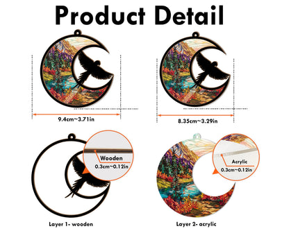 May include: Two-layered wooden and acrylic moon-shaped ornament with a bird silhouette. The top layer is made of wood and measures 3.71 inches in diameter. The bottom layer is made of acrylic and measures 3.29 inches in diameter.