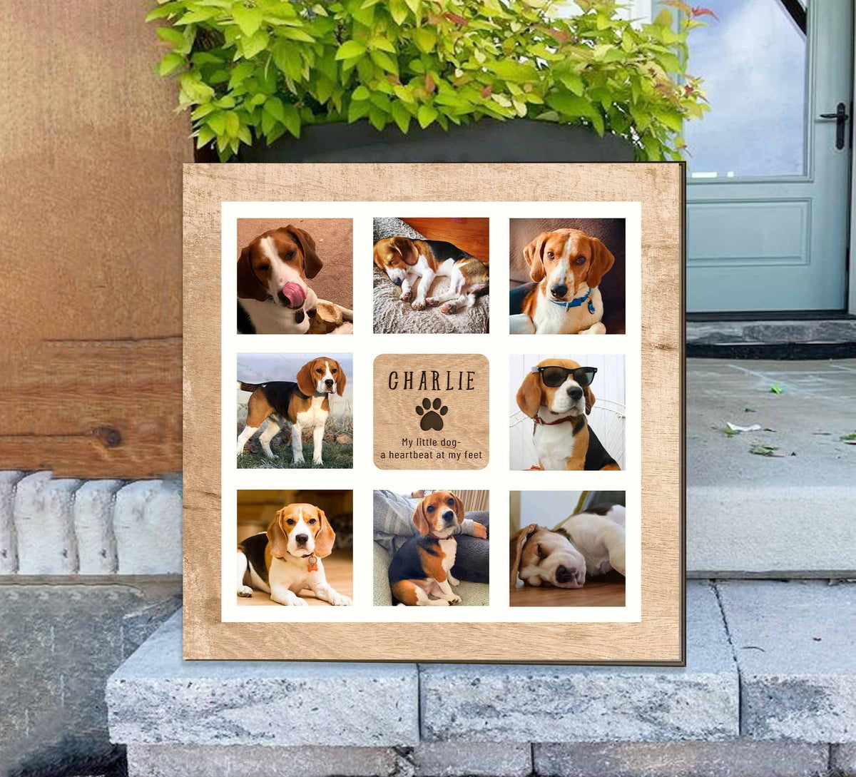 May include: A wooden photo collage with nine pictures of a beagle dog named Charlie. The collage has a brown wood background and white borders around each picture. The text "CHARLIE" is written in a brown font with a paw print below it. The text "My little dog - a heartbeat at my feet" is written below the paw print.