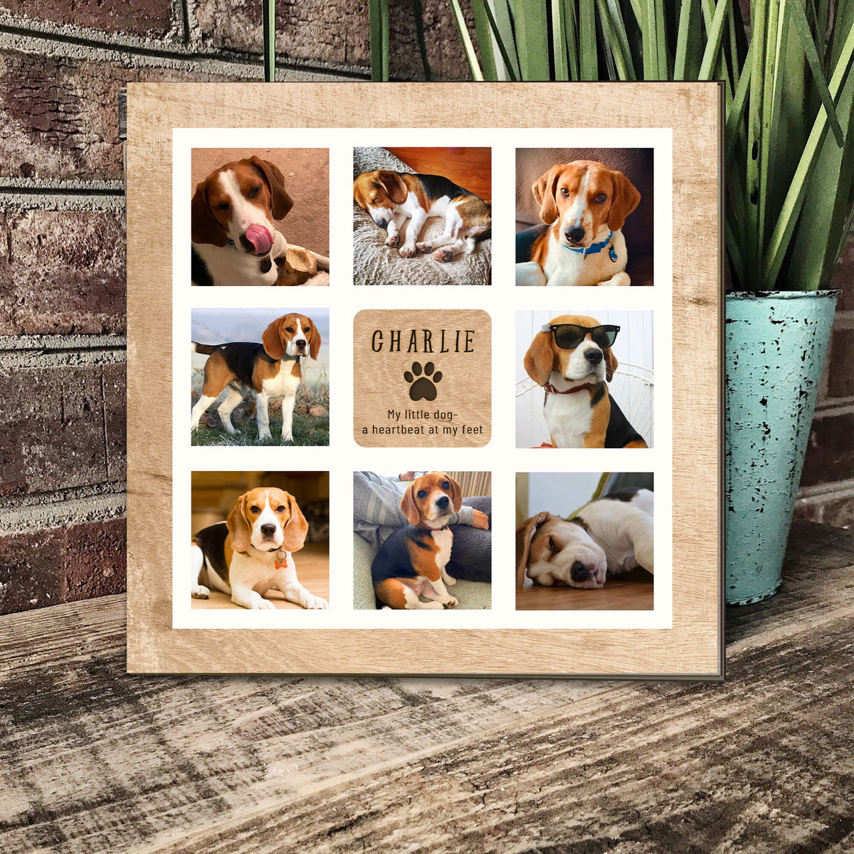 May include: A wooden photo collage with nine pictures of a beagle dog. The collage has a brown wood frame and a white background. The text "CHARLIE" is written on a small wooden plaque with a paw print. The text below the name reads "My little dog - a heartbeat at my feet."