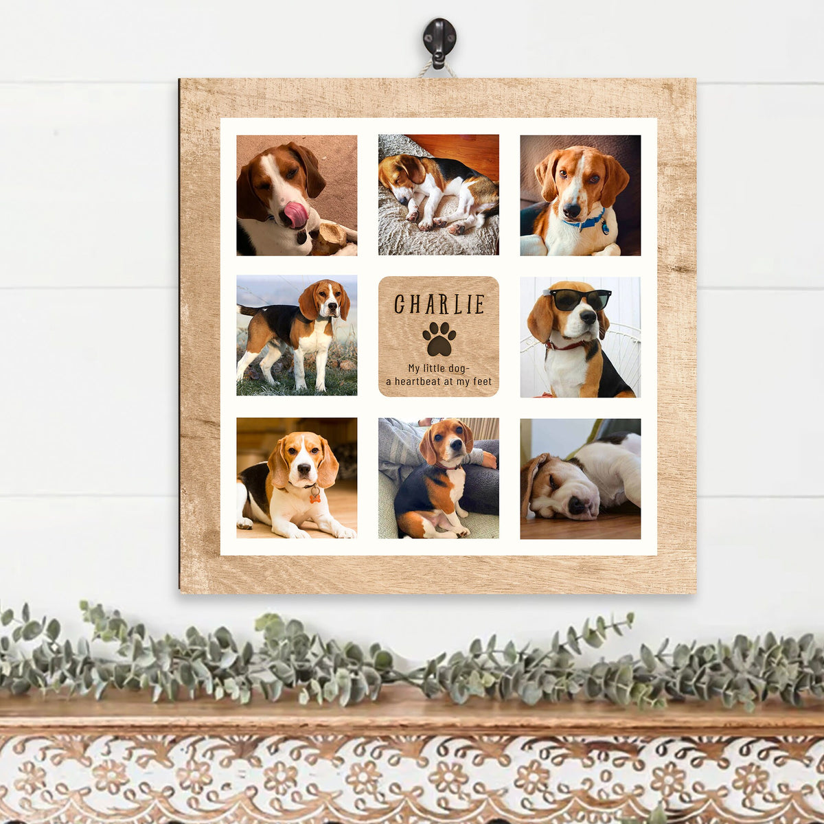 May include: A collage of nine photos of a beagle dog named Charlie. The photos show the dog in various poses, including sleeping, wearing sunglasses, and looking at the camera. The collage is on a wooden background with the text "Charlie, My little dog, a heartbeat at my feet".