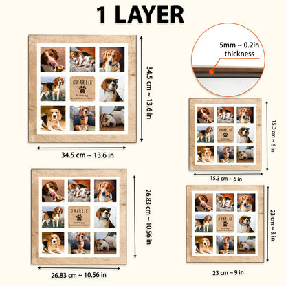 May include: A collage photo frame with a woodgrain finish and a white border. The frame is divided into nine squares, each containing a photo of a dog. The frame is 13.6 inches wide and 10.56 inches tall. The frame is available in different sizes.
