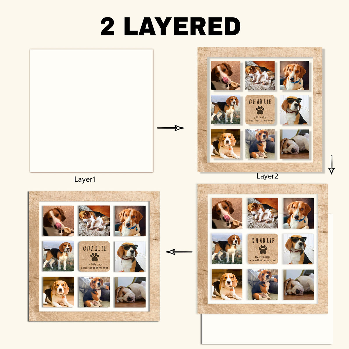 May include: A collage of nine photos of a beagle dog in a wooden frame. The photos show the dog in different poses, including sitting, lying down, and looking at the camera. The frame has a light brown wood finish and a white mat. The text "CHARLIE My little dog is the heartbeat of my best" is printed on a small plaque in the center of the collage.