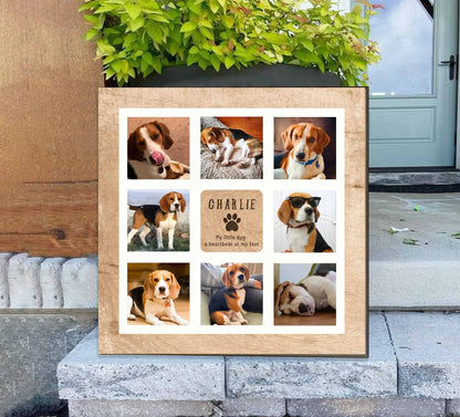 May include: A wooden photo collage with nine pictures of a beagle dog named Charlie. The collage has a brown wood background and white borders around each picture. The text "CHARLIE" is written in a brown font with a paw print below it. The text "My little dog - a heartbeat at my feet" is written below the paw print.