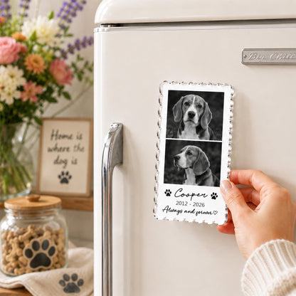 May include: A rectangular acrylic magnet featuring two black and white photographs of a beagle dog stacked vertically. Below the photos, the text reads Cooper, 2012-2026, and Always and forever, accompanied by two paw print icons and a small heart symbol.