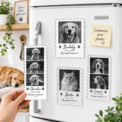 May include: Four rectangular acrylic magnets with scalloped edges featuring black and white pet photos. Each magnet displays a pet name, dates, and a short phrase like My angel has paws or Always in my heart, accented with small paw print icons.