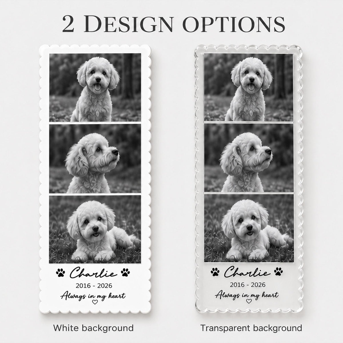 May include: Two rectangular bookmarks with scalloped edges featuring three black and white photos of a dog. The text reads 2 DESIGN OPTIONS, Charlie, 2016-2026, Always in my heart, White background, and Transparent background with paw prints.