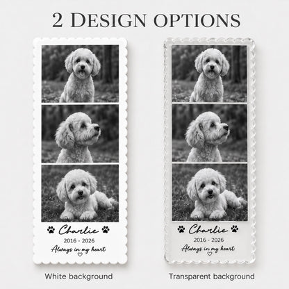 May include: Two rectangular bookmarks with scalloped edges featuring three black and white photos of a dog. The text reads 2 DESIGN OPTIONS, Charlie, 2016-2026, Always in my heart, White background, and Transparent background with paw prints.
