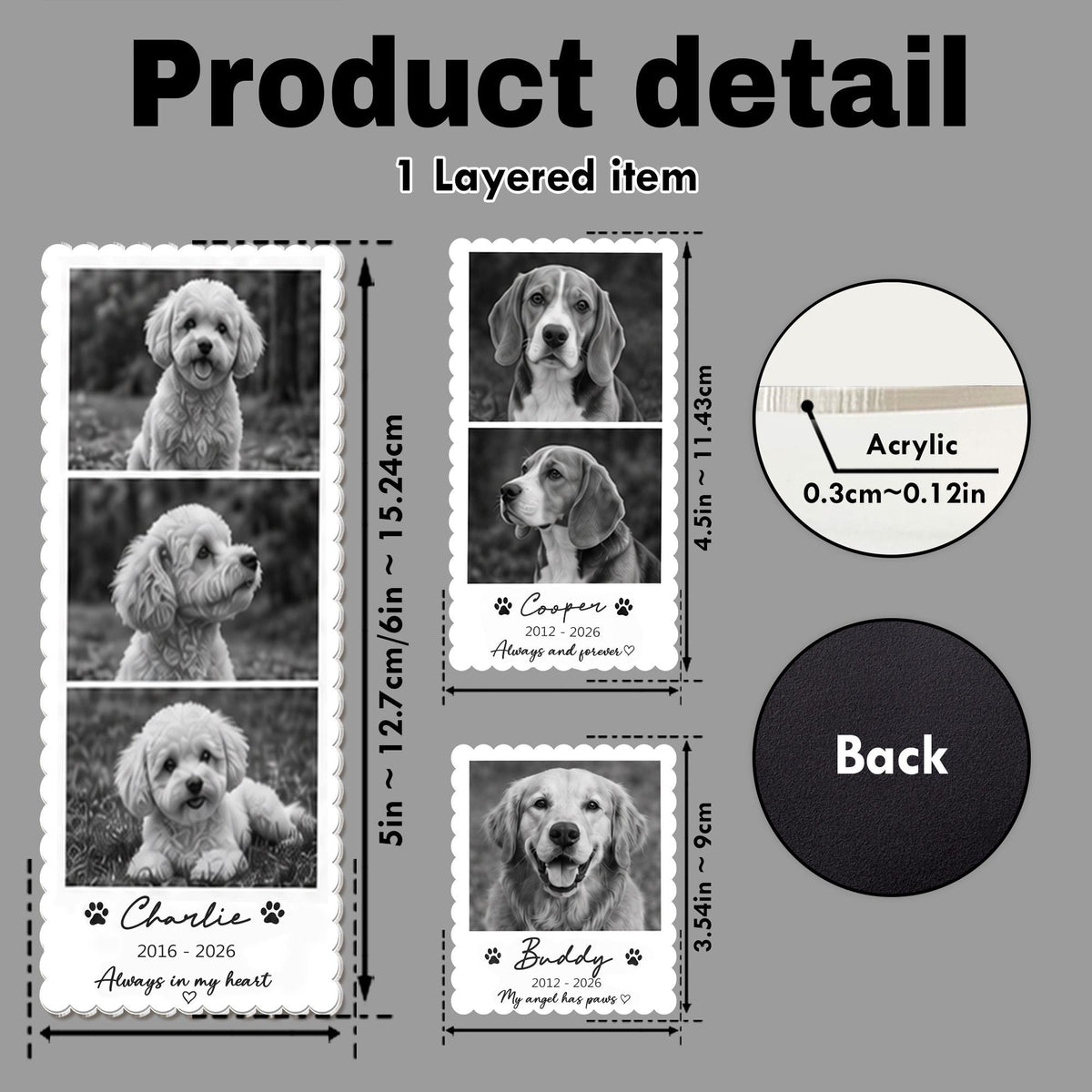 May include: A rectangular acrylic pet memorial plaque featuring three black and white dog photos, the name Charlie, dates 2016-2026, and the text Always in my heart. It measures 6 inches by 2.5 inches, with a thickness of 0.12 inches.