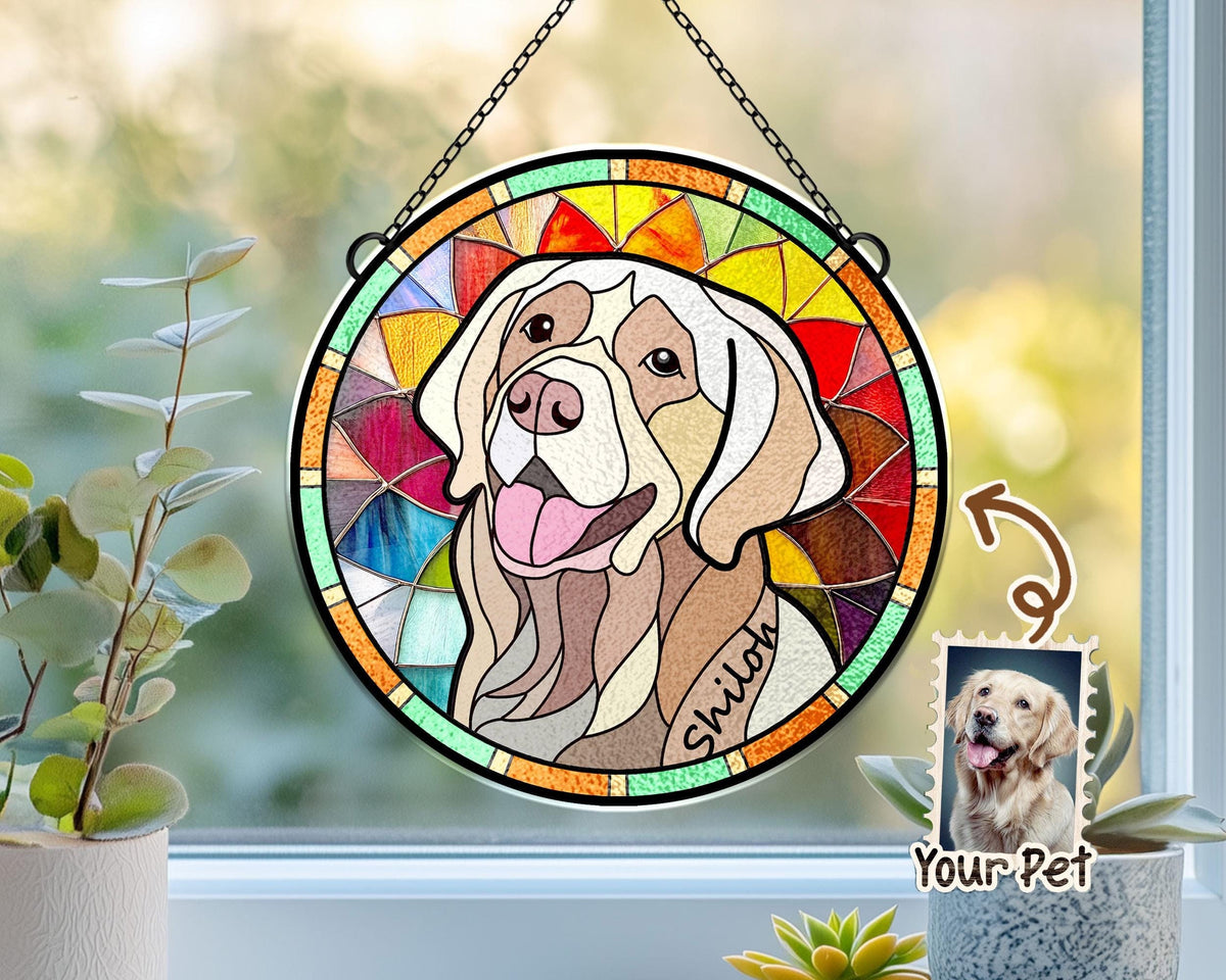 May include: A stained glass window hanging with a colorful design featuring a dog with the name "Shiloh" written on it. A smaller image of a dog is in the corner with the text "Your Pet".