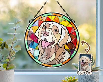 May include: A stained glass window hanging with a colorful design featuring a dog with the name "Shiloh" written on it. A smaller image of a dog is in the corner with the text "Your Pet".