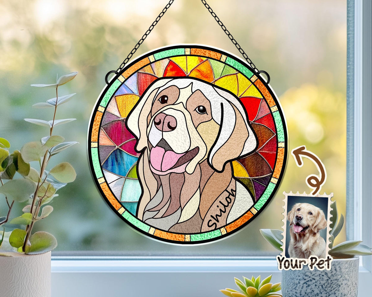 May include: A stained glass window hanging with a colorful design featuring a dog with the name "Shiloh" written on it. A smaller image of a dog is in the corner with the text "Your Pet".