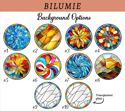 May include: Ten different stained glass background options for a custom design. The options include a variety of colors and patterns, including blue, red, yellow, green, and white. The text "BILUMIE Background Options" is at the top of the image.