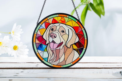 May include: A stained glass suncatcher featuring a colorful, abstract design with a white Labrador Retriever dog in the center. The suncatcher is round and has a black metal frame.