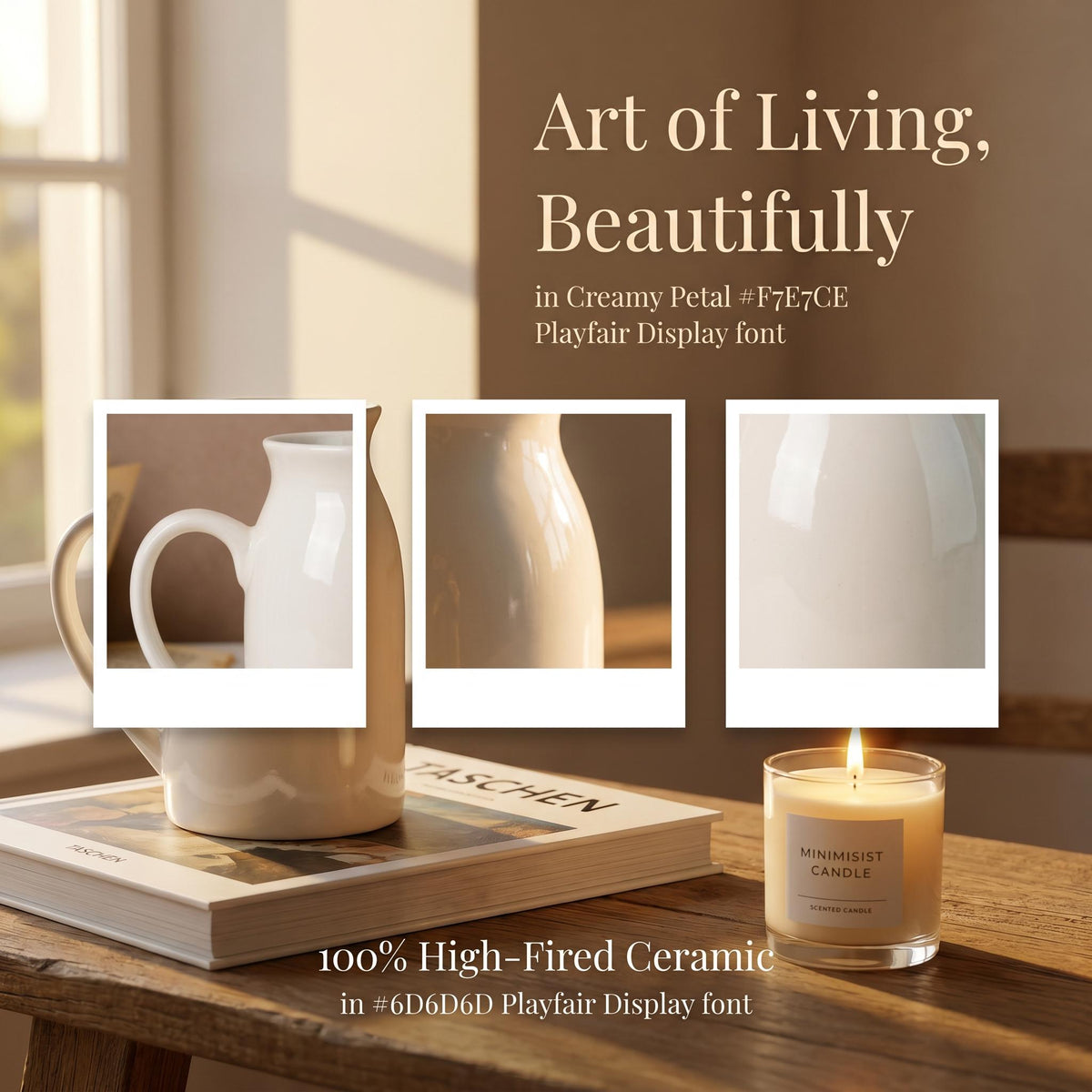A white ceramic pitcher with a curved handle sits on a book titled TASCHEN. Next to it is a glass candle with a label reading MINIMISIST CANDLE. Text on the image includes Art of Living, Beautifully, in Creamy Petal #F7E7CE, and 100% High-Fired Ceramic in #6D6D6D.