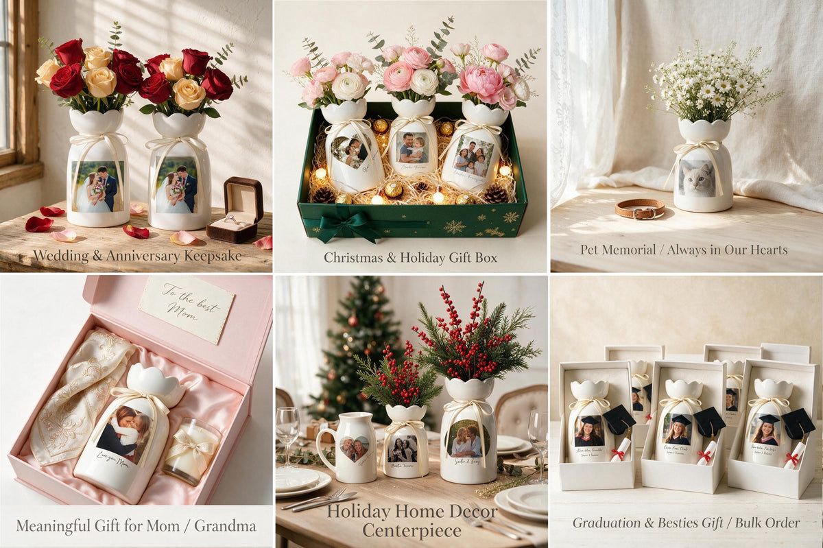 A collection of white ceramic vases with scalloped rims, each featuring a custom photo print on the front and a tied ribbon. The vases are displayed in various settings including gift boxes, with floral arrangements, and as table centerpieces.