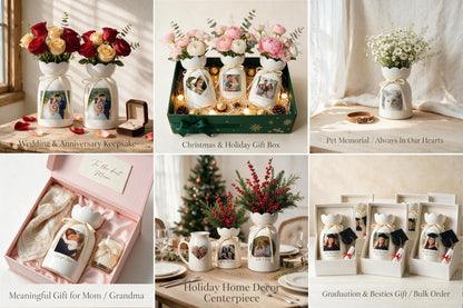 A collection of white ceramic vases with scalloped rims, each featuring a custom photo print on the front and a tied ribbon. The vases are displayed in various settings including gift boxes, with floral arrangements, and as table centerpieces.