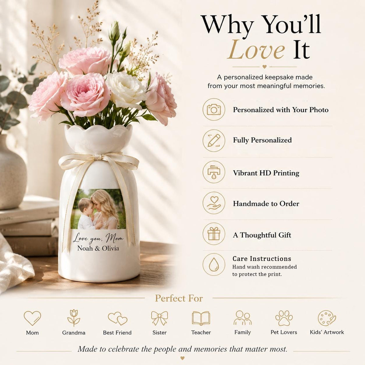 A white ceramic vase with a scalloped rim and a cream-colored ribbon tied around the neck. The front features a printed photograph of a person holding a child, with the text "Love you, Mom" and "Noah & Olivia" printed below.