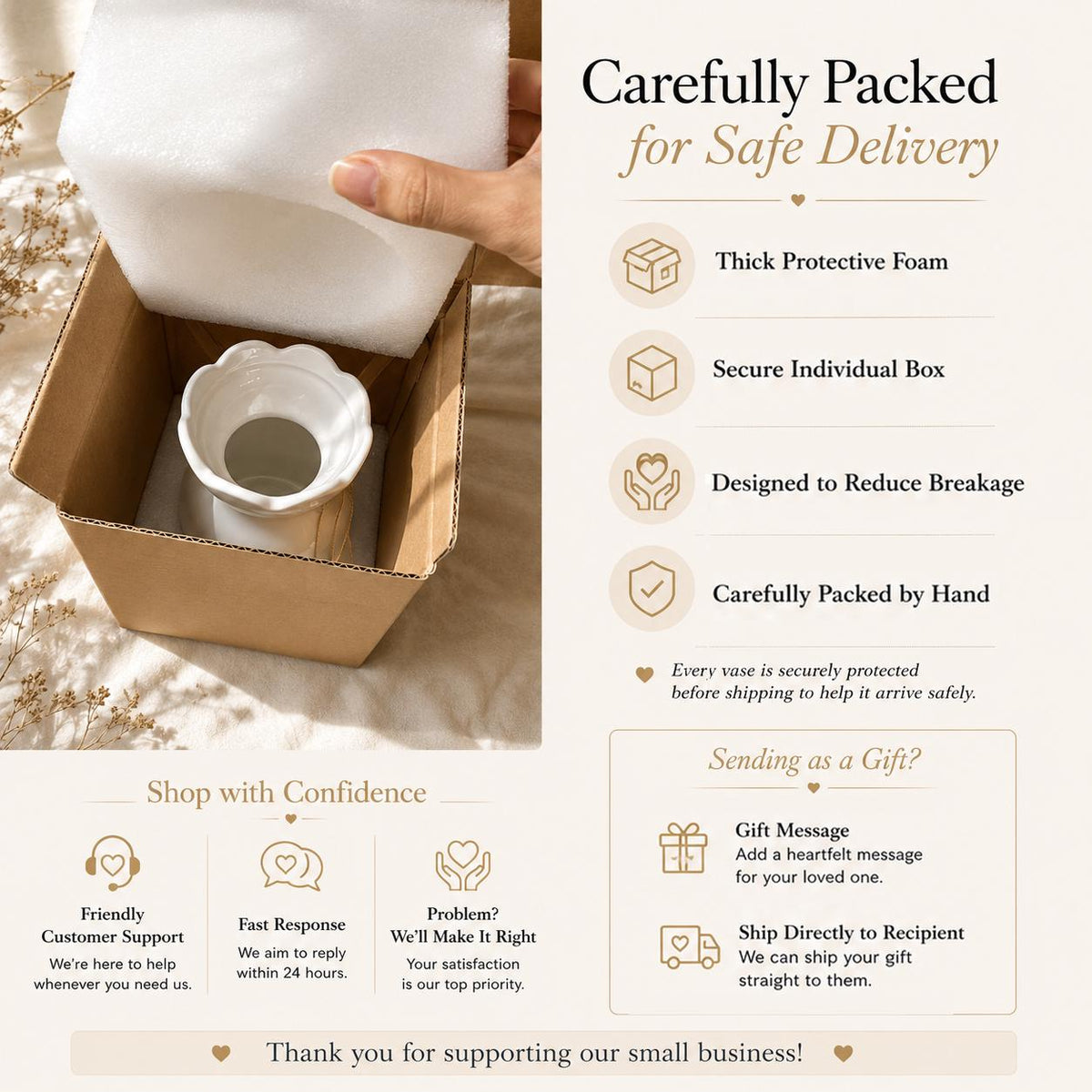 A white ceramic vase with a scalloped rim inside a brown cardboard box with thick protective foam. The image includes text detailing packaging methods, gift options, and customer support policies for the small business.